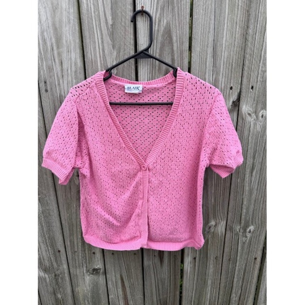 Coquette Grandmacore Pointelle Blair Cardigan XL Pink Short Sleeve Open Knit Top